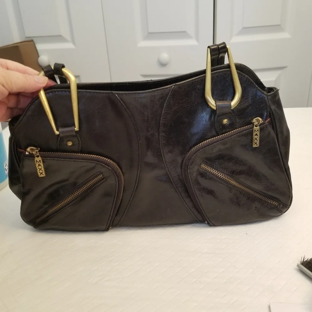 Maxx New York Black Gold Tone Zipper Pocket Studded Shoulder Bag